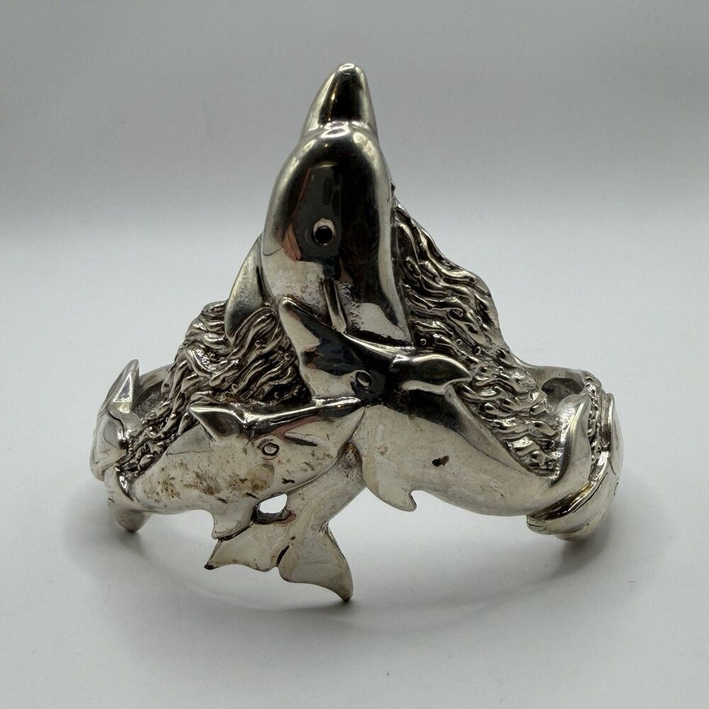 925 Sterling Silver Dolphin Ocean Wave Cuff Bracelet 7.5" Heavy 57.3g